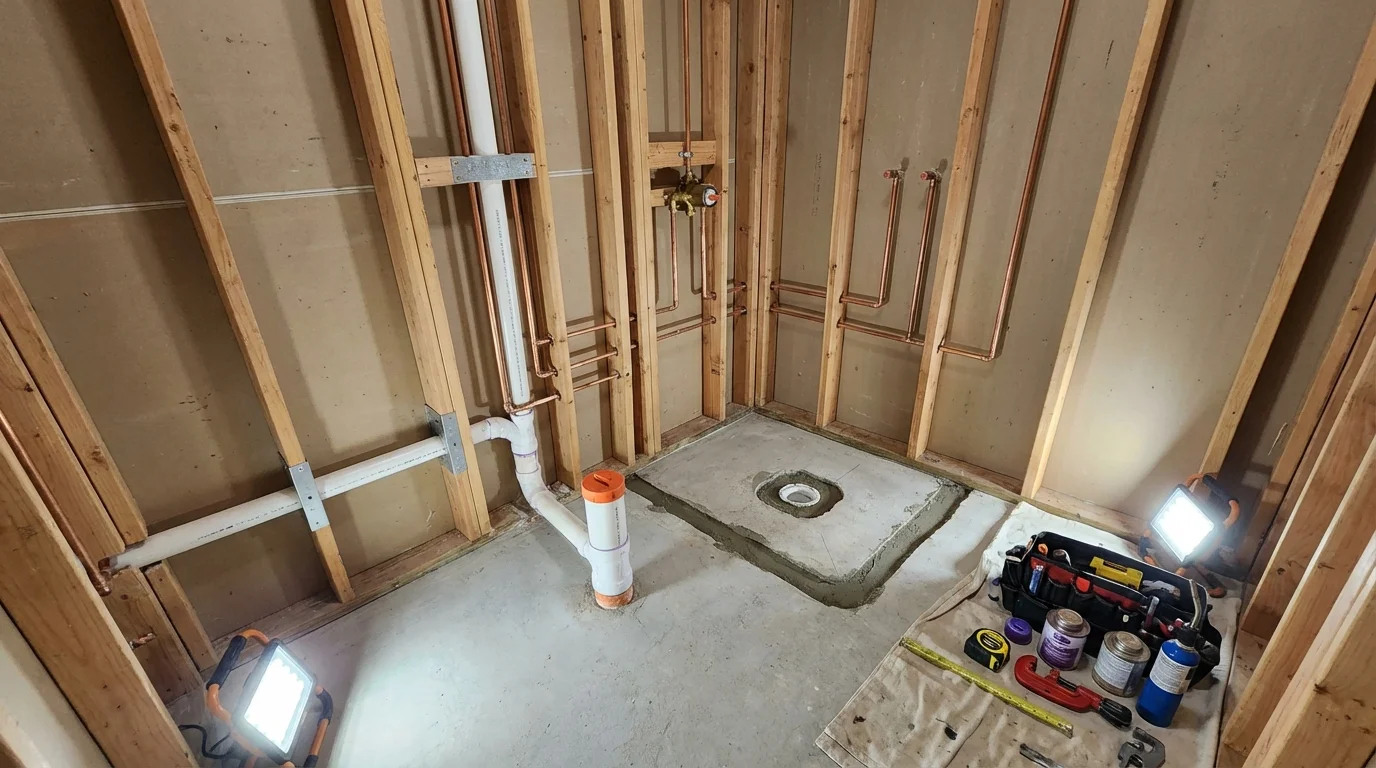 Bathroom rough-in plumbing during remodel by Johns Plumbing LLC in Eminence