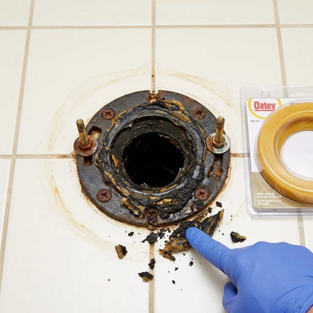 Failed wax ring showing water seepage at the base of a toilet in a Eminence, MO home