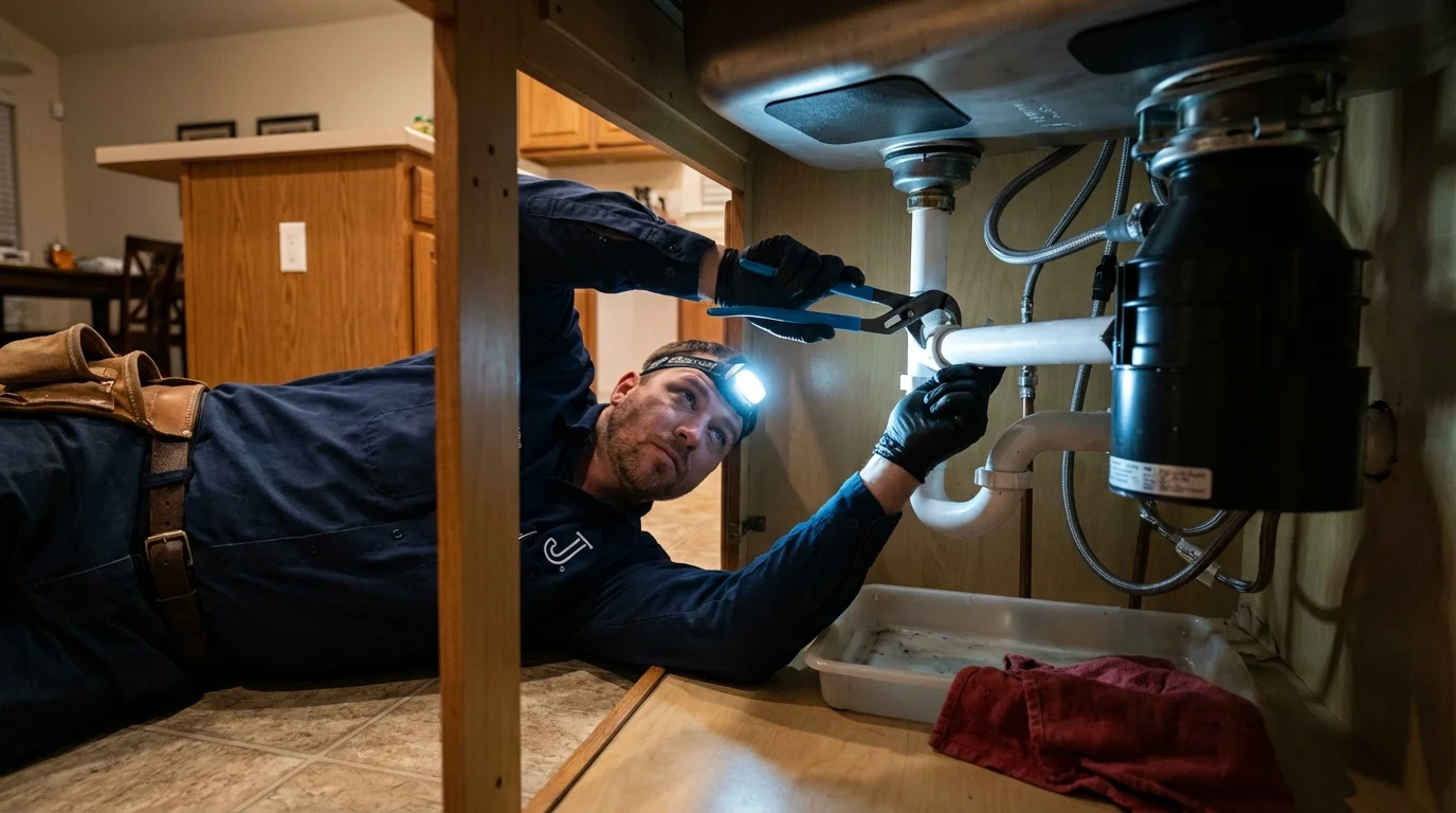 P-trap and supply line connections under a kitchen sink showing a common leak point in Eminence, MO